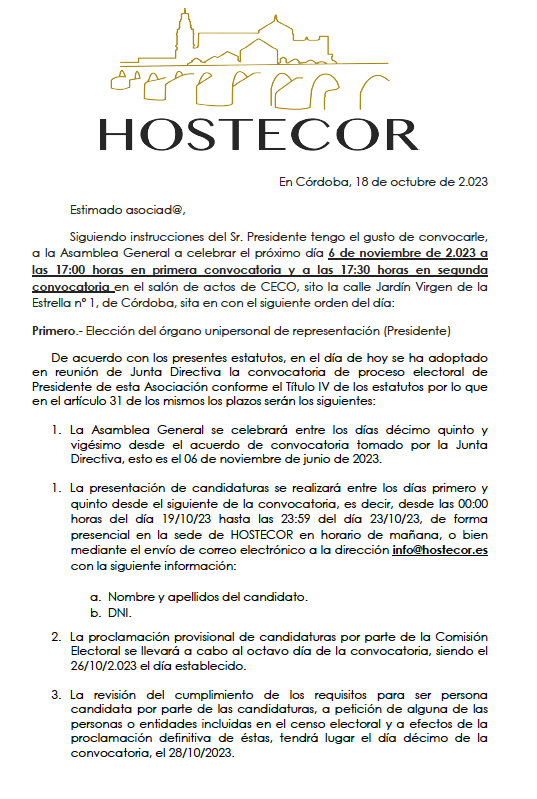 Convocatoria de elecciones en Hostecor para el próximo 6 de noviembre
